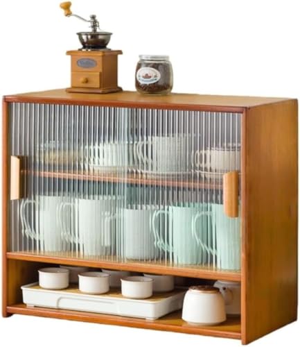 Barino ウォーターカップ収納ボックス ミニ卓上収納食器棚 竹製 キッチンカウンター カップボード 防塵 引き戸 防湿 防虫 大容量 キッチンキャビネット 調味料 お茶碗 小物入れ収納 ひとり暮らし用 簡単組立省スペース (仕切り付き 55x28x46