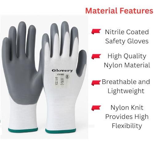 Image of Nylon Safety Work Gloves with Nitrile Coating - Industrial-Grade Protection for Cleaning, Warehouse, Mechanics, Construction - Durable, Flexible, Non-Slip Grip (White & Grey, 20 Pair)