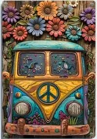 Letrero de metal retro de Peace Van para pared, 8 x 12 pulgadas, diseño floral colorido, estilo hippie vintage, decoración del hogar