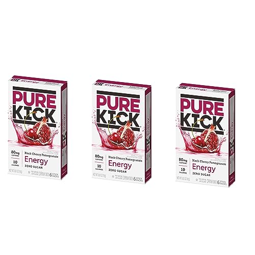 Pure Kick Energy Singles To Go Drink Mix, Black Cherry Pomegranate, 3 Boxes, 6 Packets Per Box (18 Single Servings)