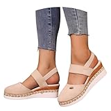 Closed Toe Platform Wedge Sandals, Espadrilles Platform Wedges for Women Heel Casual, Summer Dressy Sandals with Adjustable Ankle Strap, Comfortable Non Slip Beach Sandals Outdoor Shoes (Beige #4, 7)