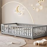 Bellemave Montessori Twin Floor Bed Frame with Fence and Removable Door, Low Profile Twin Size Montessori Bed Frame for Kids, Solid Wooden Floor Beds for Bedroom,Nursery, Grey