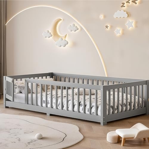 Bellemave Montessori Twin Floor Bed Frame with Fence and Removable