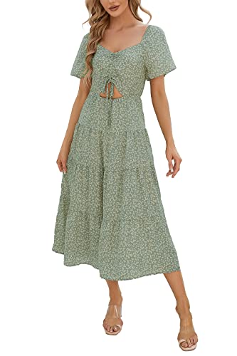 Taurus Women's Summer Boho Floral Printed Midi Dress Short Sleeve Ruched Front Drawstring Sundress Sexy Cut Out Beach Dresses Green Floral Large #TOP4
