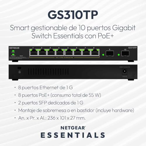 Switch NETGEAR PoE+ Gigabit de 10 puertos con gestión inteligente GS310TPv2 2