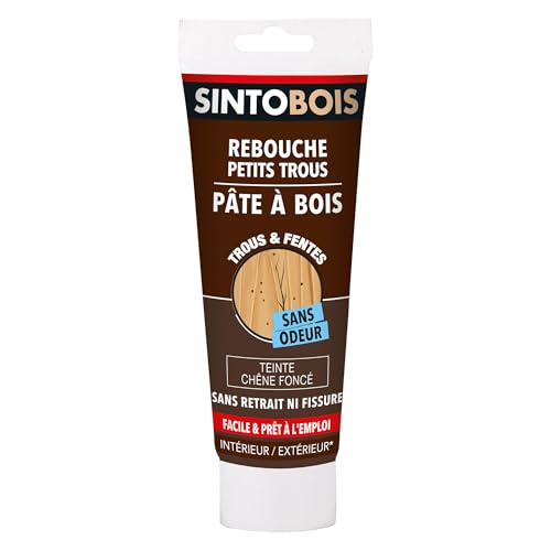 SINTO - Rebouche petits trous - Pâte à bois - Sans odeur - Facile & Prêt-à-l'emploi - Intérieur & Extérieur - Sans retrait ni fissure - Chêne foncé - 250g