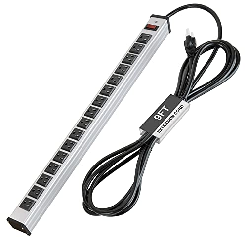 BESTTEN 16 Outlet Heavy Duty Metal Power Strip with 9-Foot Ultra Long Extension Cord, 15A ON/Off Circuit Breaker, Mounting Brackets Included, ETL Listed, Silver