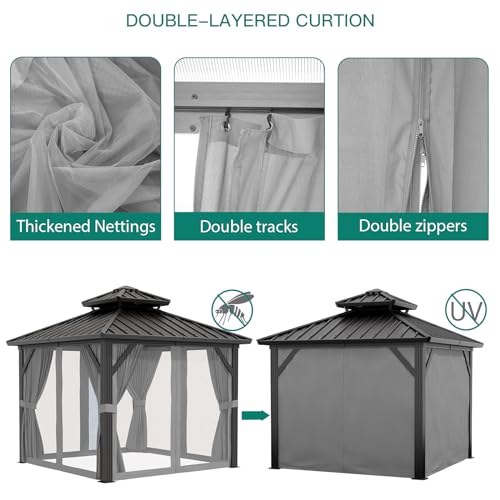 10x10ft Double Roof Hardtop Gazebo, Heavy Duty Galvanised Steel Hardtop Pavilion with Nettings and Curtains, Aluminum Gazebo for Patio, Terrace, Lawn and Deck, Grey
