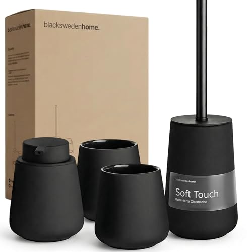 Black Sweden Home Set de Accesorios Baño   Dispensador jabon baño, 2 Vasos, Escobilla de Baño   Cerámica, Revestimiento Negro Mate, Diseño Nórdico   Decoración Baño