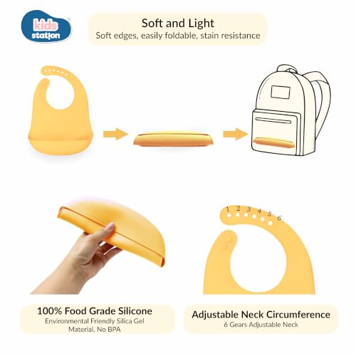 Image of Kids Station Silicone Baby Bib for Feeding & Weaning BPA Free, Soft Adjustable Neckline with Buttons, Washable & Reusable, Ideal for Babies & Toddlers 6 to 36 Months - Yellow