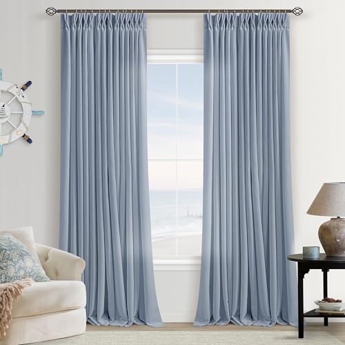 Image of Blue Gray Pinch Pleated Semi Sheer Linen Curtains 40x102 Inch | Dusty Blue, 102 inch Long, Light Filtering Privacy, Living Room, Burlap Textured, Drapes, Hook Rings Memory Shape, Coastal