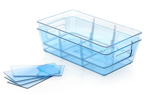 Image of Xiran Fridge Storage Boxes Organizer Bins, 3 Partition Stackable Fridge Storage Basket, Plastic Freezer Storage Containers for Fish, Meat, Vegetables, Fruits (Pack of 2, Blue)