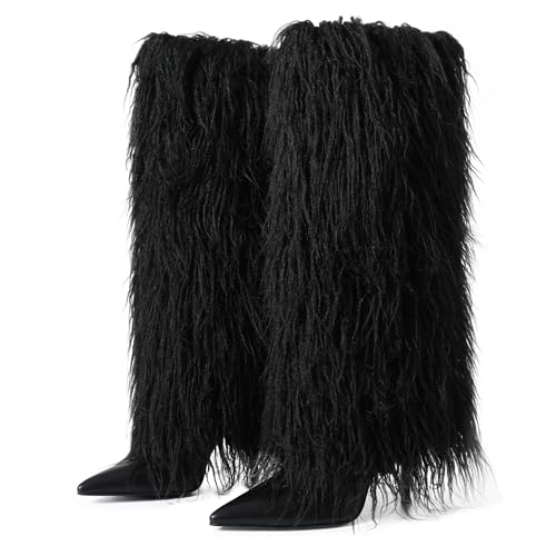 Kalstage Women Fur Knee High Boots Heels Wide Calf Fold Over Tall Boots for Party Evening Fashion Shows2