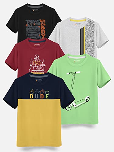 Image of HELLCAT Boys Round Neck Printed Blended Cotton Tshirt -Combo Pack of 2 - Orange /Blue