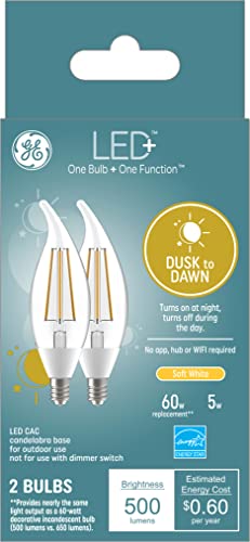 GE LED+ Dusk to Dawn LED Light Bulbs, 5W, Automatic On/Off Outdoor Light Decorative Bulbs, Soft White, Small Base(2 Pack)