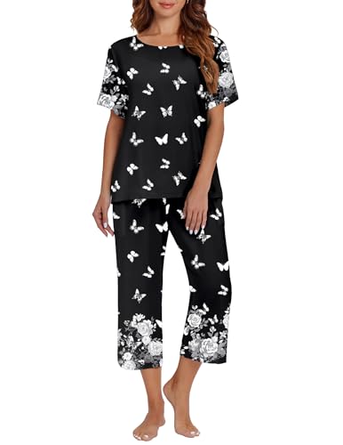 Image of Ekouaer Women's Two Piece Lounge Set Short Sleeve Shirt and Capri Pants Mumu Pajama with Pockets Loungewear Pjs Sets S-2XL