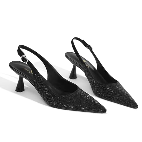 LOCERICH Women's Kitten Heels Slingback Low Heel Dress Shoes Closed Toe Pumps Rhinestone Pointed Toe Sparkly Sling Back Bridal Wedding Party4