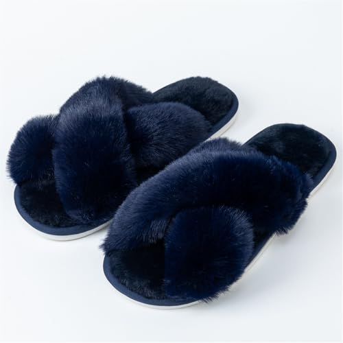 Image of Enteer Women's Slipper Memory Foam Cross Band Fuzzy Slippers Open Toe Cozy House Slippers Cozy Plush Bedroom Indoor Outdoor
