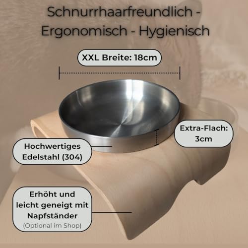 Edelstahl-Futternapf (304) XXL – Extra Flach Modernes Design & schnurrhaarfreundlich - Extrabreit 18cm und Spülmaschinenfest