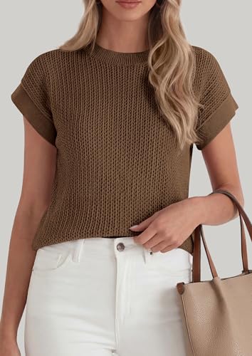 PRETTYGARDEN Women's 2026 Spring Fashion Sweater Vest Business Casual Crochet Tops Cap Sleeve Knit Shirt Beach Summer Outfits (Coffee,X-Large) — view 6