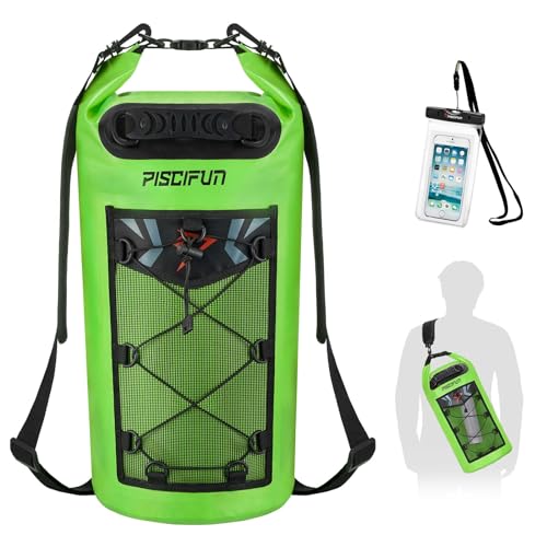 Bolsa seca Piscifun, mochila flutuante impermeável 40 L com capa de telefone à prova d'água para passeios de barco, caiaque, pesca, verde claro 40 L
