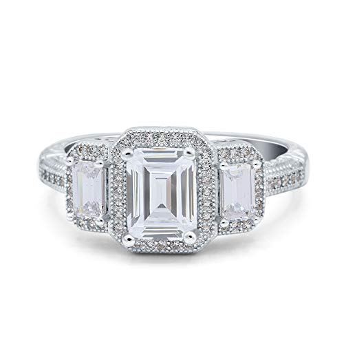 Blue Apple Co. Three Stone Emerald Cut Halo Art Deco Engagement Ring Simulated Cubic Zirconia 925 Sterling Silver