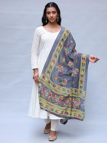 Printed Dupatta from Kutch with Hand-Embroidered Florals and Mirrors - Pure Cotton3