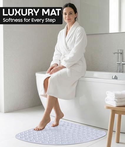 Miniatura 5 de Adov Alfombrilla De Ducha De Esquina, 54x54 Cm Alfombrilla De Baño Antideslizante Curva, Alfombrilla De Goma Cuadrante Para Suelo De Baño, Alfombrillas De Ducha Sector Lavables Con Ventosas Blanco