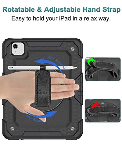 Supveco Ipad Air 5Th Generation/Ipad Air 4Th Generation Case 10.9-Inch 2022/2020, [360 Rotating Hand Strap + Kickstand] With Screen Protector Pencil Holder, Drop Protection Rugged Cover, Black #TOP2