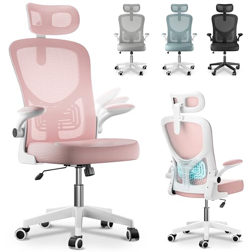 JUPPLIES Silla Escritorio Ergonómica - Silla Oficina Ajustable y Reclinable con Soporte Lumbar, Reposacabezas Ajustable, Reposabrazos Plegables, Malla Transpirable, Ruedas 360°, Soporta 120 kg