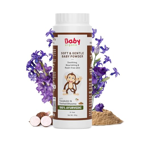 BabyOrgano® 100% Natural Talc Free Baby Powder for up to 5 Years Newborn 100gm | Soft & Gentle Diaper Powder with Tavakshir, Yashad Bhasma | SLS, Paraben Free - 100gm