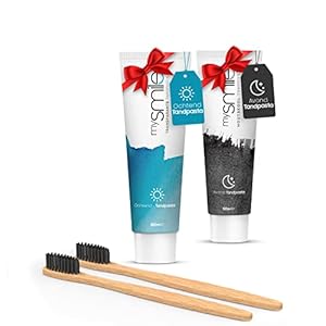 mysmile Whitening Tandpasta Tandenbleekset met bamboe tandenborstel – Natuurlijk thuis tanden bleken – Vrij van peroxide – Ideaal tegen vlekken – 2 x 60 ml en 2 bamboe tandenborstels