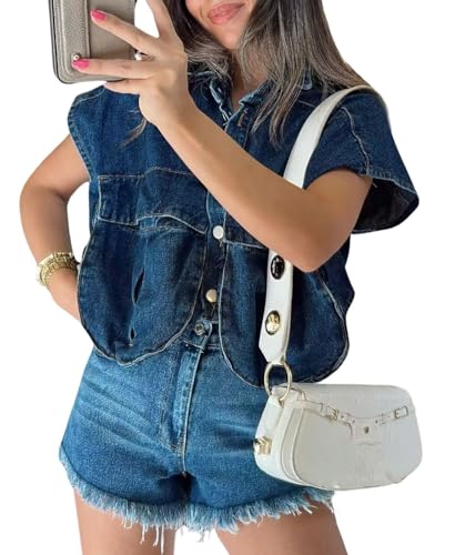 CHARTOU Women Cropped Denim Vest Collared Irregular Sleeveless Tank Jean Vest Shirt Tops