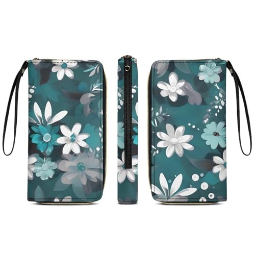 Women Wallets Teal Grey And White Floral_76917038 Leather Wallet for Women Thin Wallet with Zipper Pocket Card Holder3