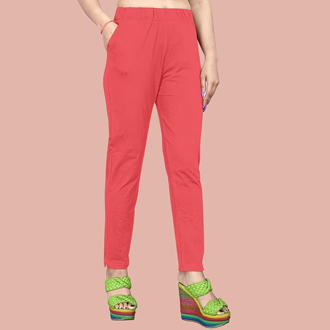 Image of Women's Solid Cotton Lycra Pants-High Waist Slim Fit Stretchable Leggings - Comfortable Long Trousers for Casual, Office & Everyday Wear
