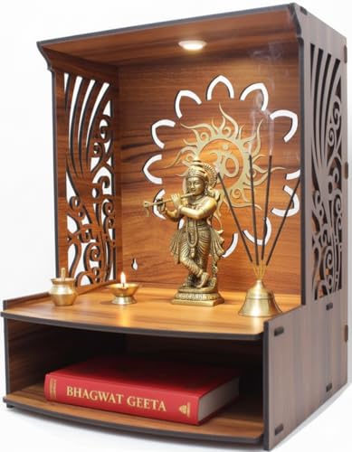 Image of Royal Walnut Finish Wooden Pooja Mandir | Wall Mounted Home Temple with LED Lights & Spacious Storage | Premium Handcrafted Puja Unit (37.5 * 29 * 25 CM) (Large) A2