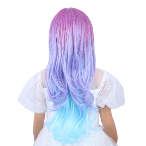 Image of Rainbow Wig for Kids Long Colorful Middle Part Wig for Girls Multi-color Wavy Curly Wigs for Children Purple Pink Wigs Heat Resistant Synthetic Hair with Cap
