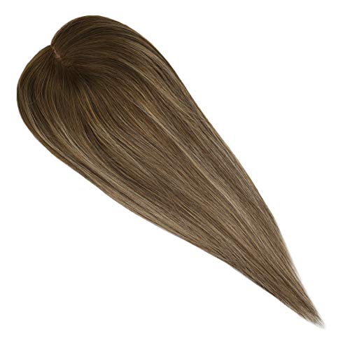Ugeat Hair Topper Human Hair Medium Brown Color Brown #4 to Blonde #27 with Brown #4 Hair Topper Human Hair Large Base 5inch5inch Human Toppers Women