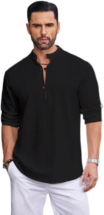 LBOYLOVEMen's Cotton Linen Shirt Casual Beach Hippie Shirts Long Sleeve T-Shirts,Men's Long Sleeve Henley Shirt for Men Button Front Cotton Linne T Shirt
