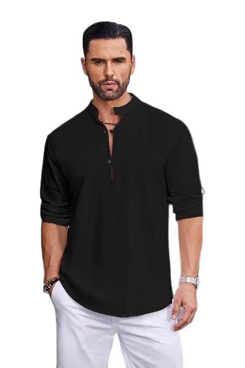 LBOYLOVEMen's Cotton Linen Shirt Casual Beach Hippie Shirts Long Sleeve T-Shirts，Men's Long Sleeve Henley Shirt for Men Button Front Cotton Linne T Shirt