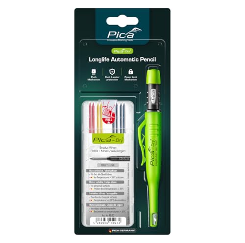 Pica-Dry Bundle 30402 I Set bestehend 3030 Dry Automatic Longlife Tieflochmarker I mit Spitzer und Halteclip I inkl. Spezial-Minen-Set 4020 I 4x Grafit 2B 2x Rot 2x Gelb I nachfüllbar