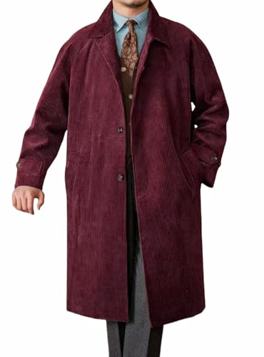 Men's Corduroy Trench Coat Notched Lapel Windbreaker Man's Casual Long Jacket Overcoat Pea Coat