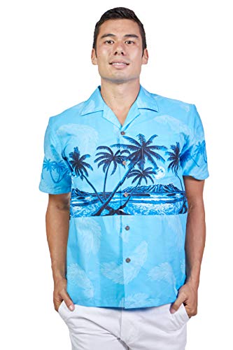 Tropical Luau Beach Palm Tree Print Men’s Hawaiian Aloha Shirt (X-Large, Blue)