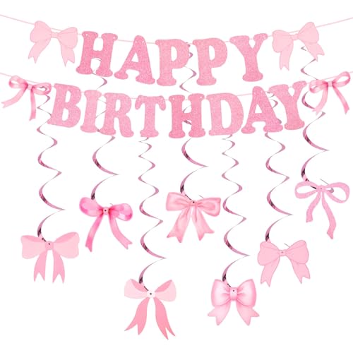 Bow Happy Birthday Banner 24pcs Glitter Bowknot Ceiling Decor with Swirls Coquette Pink Birthday Decorations for Girls & Women Party Baby Shower & Theme Parties