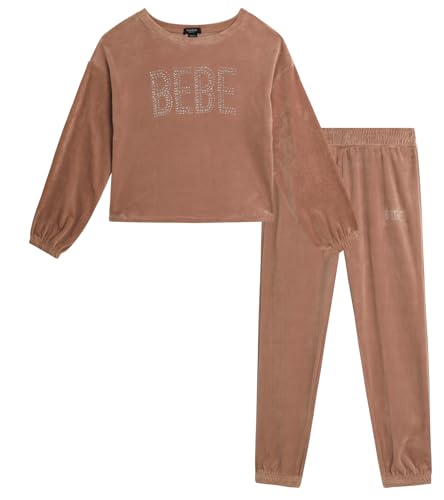 bebe Girls Jogger Set - 2 Piece Bling Velour Crewneck Long Sleeve Shirt and Jogger Pants - Girls Athletic Clothing Set (7-12)