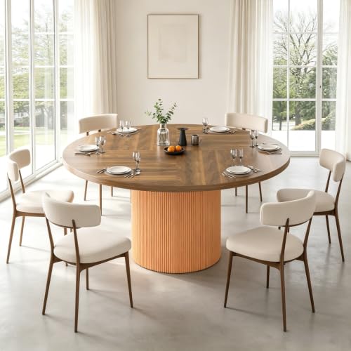 Image of Large Round Dining Table for 6-8, Metal Pedestal Base (Light Brown) | Wooden Dinner Table with Heavy Duty