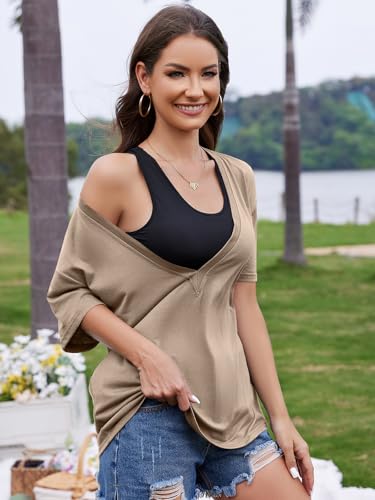 Image of UNCLECAT Womens Deep V Neck T Shirts Summer Oversized Short Sleeve Tops