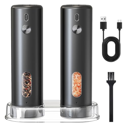 Moulin a Poivre Electrique, 2 Salieres Et Poivrieres Electrique Rechargeable avec Base, 110ml Reglable Par Lexterieur Moulin à Poivre électrique pour Cuisine Ou Barbecue, Noir