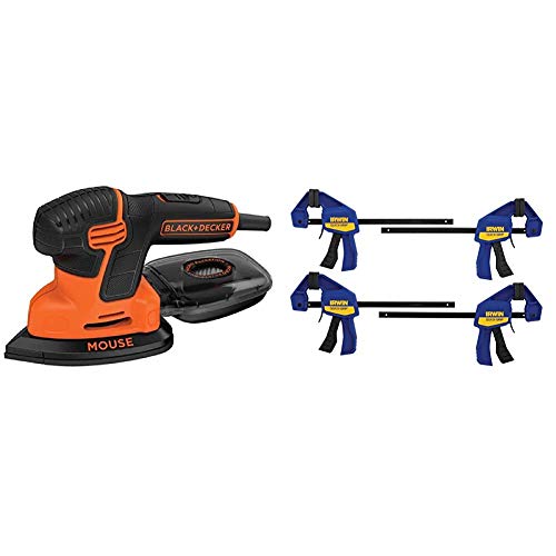 BLACK+DECKER Mouse Detail Sander, Compact with IRWIN QUICK-GRIP Clamps, One-Handed, Mini Bar, 6-Inch, 4-Pack (BDEMS600 & 1964758)
