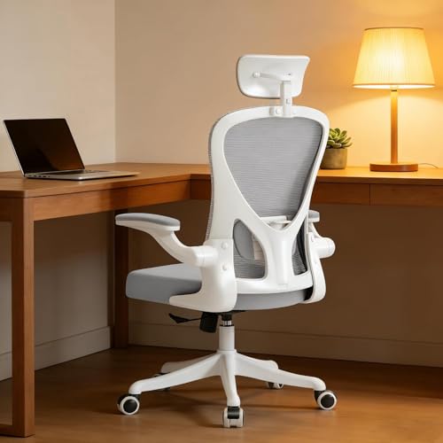 Ergonomic Office Chair with Adjustable Lumbar Support & Flip-Up Armrests - High Back Computer Desk Chair with Thickened Seat Cushion, Rolling Wheels for Home/Office Study Work 02h-grey-m